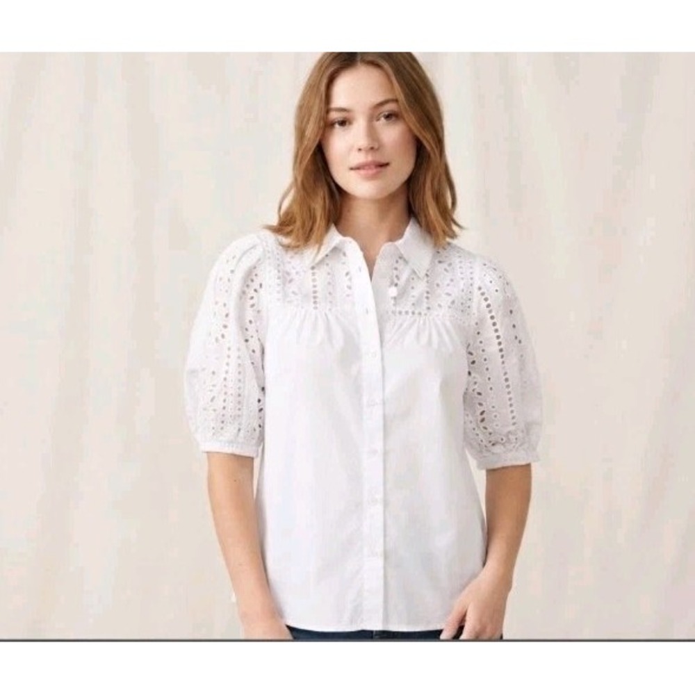 Zac & Rachel White Eyelet Puff Sleeve Button Down Shirt Top NWT Size M